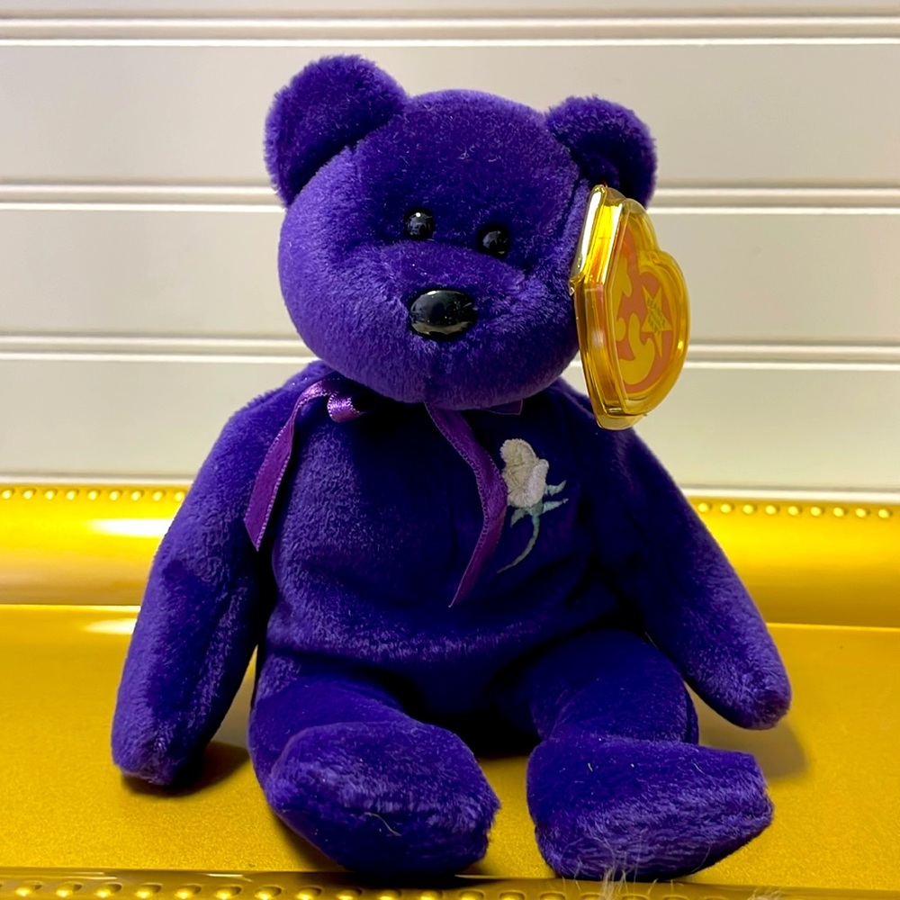 Ty Princess Diana Bear #4300. Purple Stuffed Animal White Rose Beanie Babies